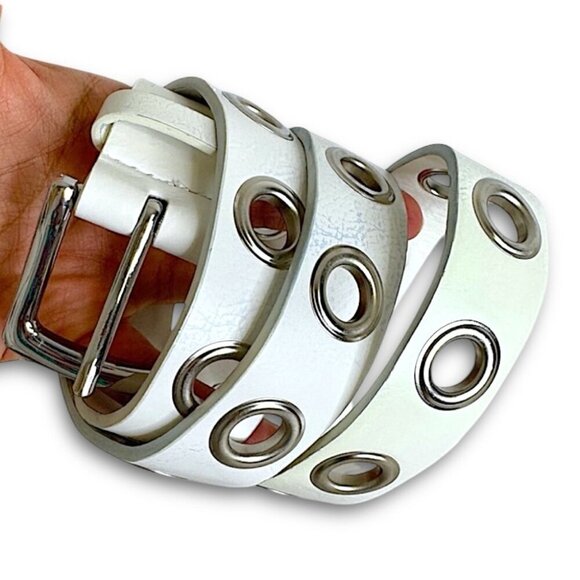 Vintage Accessories - Vintage Chunky Punk Faux Leather 90s Y2K White Grommet Belt with Silver Buckle